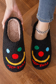 Black Keep Smile Printed Sherpa Home Slippers