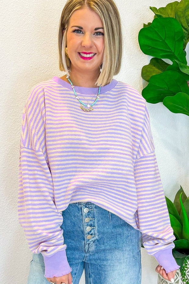 Purple Stripe Loose Drop Shoulder Long Sleeve Top