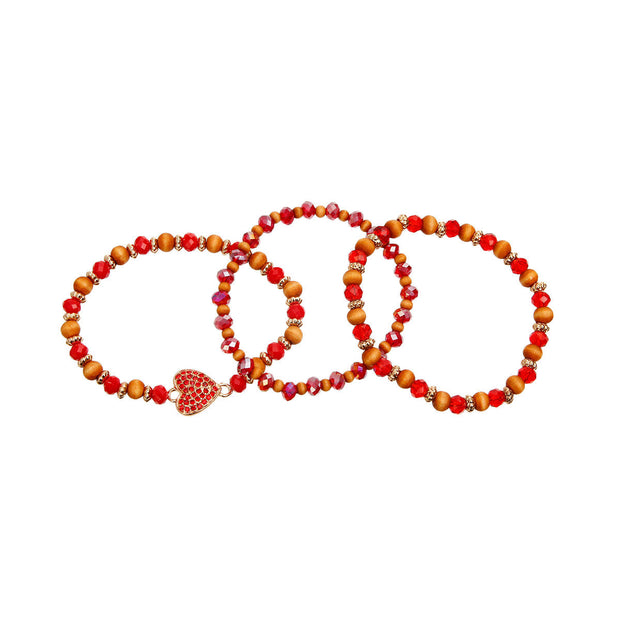 Red and Wood Bead Heart Bracelets