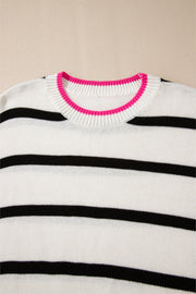 White Stripe Color Contrast Drop Shoulder Crew Neck Sweater