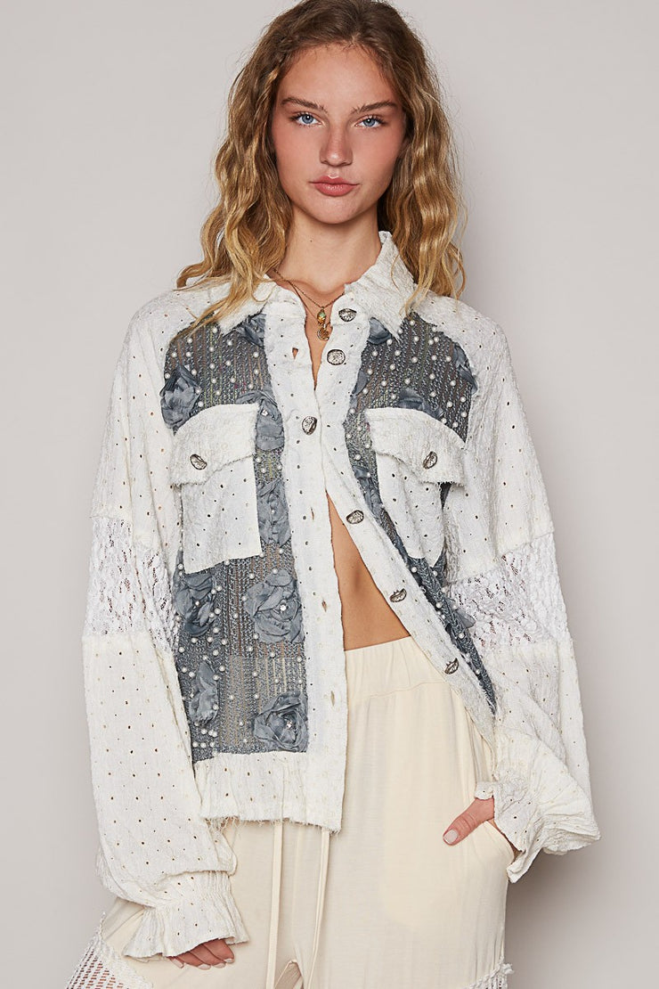 POL Eyelet Flower Pearl Detail Lace Patchwork Shirt