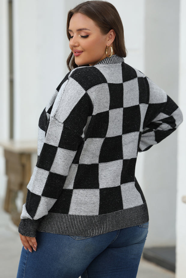 Black Checkered Drop Shoulder Buttoned V Neck Cardigan