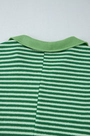 Green Stripe Turn-Down V Neck Patchwork Loose Top