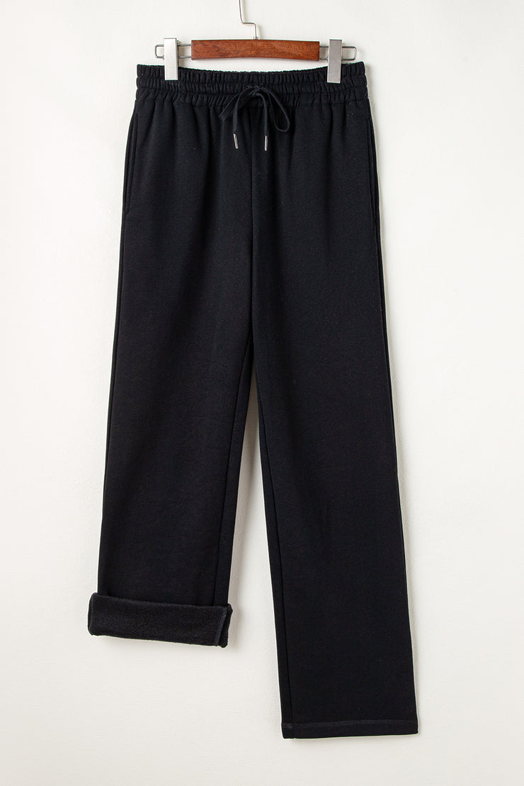 Black Solid Color Fleece Lined Drawstring Waist Casual Pants