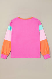 Rose Red Colorblock Patchwork Long Sleeve Loose Top