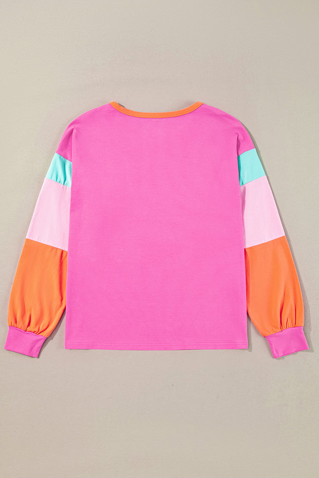 Rose Red Colorblock Patchwork Long Sleeve Loose Top