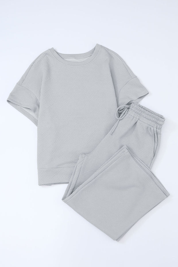 Gray Textured Loose Fit T Shirt and Drawstring Pants Set