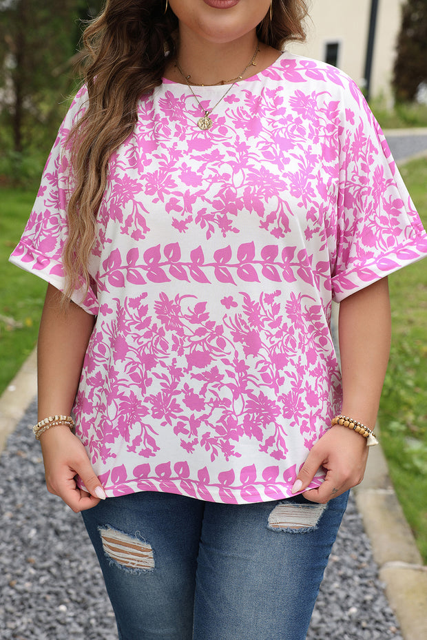 White Floral Printed Curved Hem Plus Size T Shirt