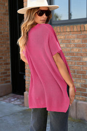 Rose Red Short Sleeve Side Slit Oversized Sweater