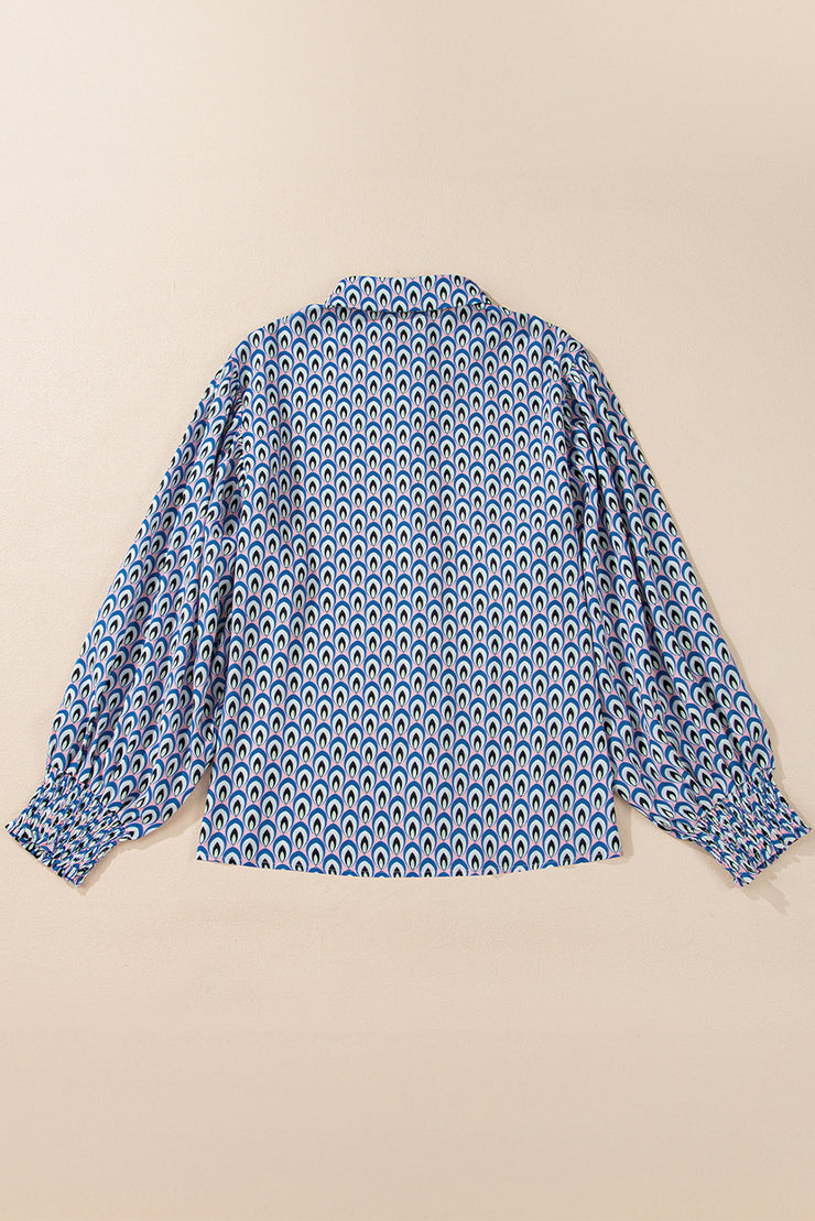 Sky Blue Abstract Print Shirred Cuff Buttoned Oversized Shirt