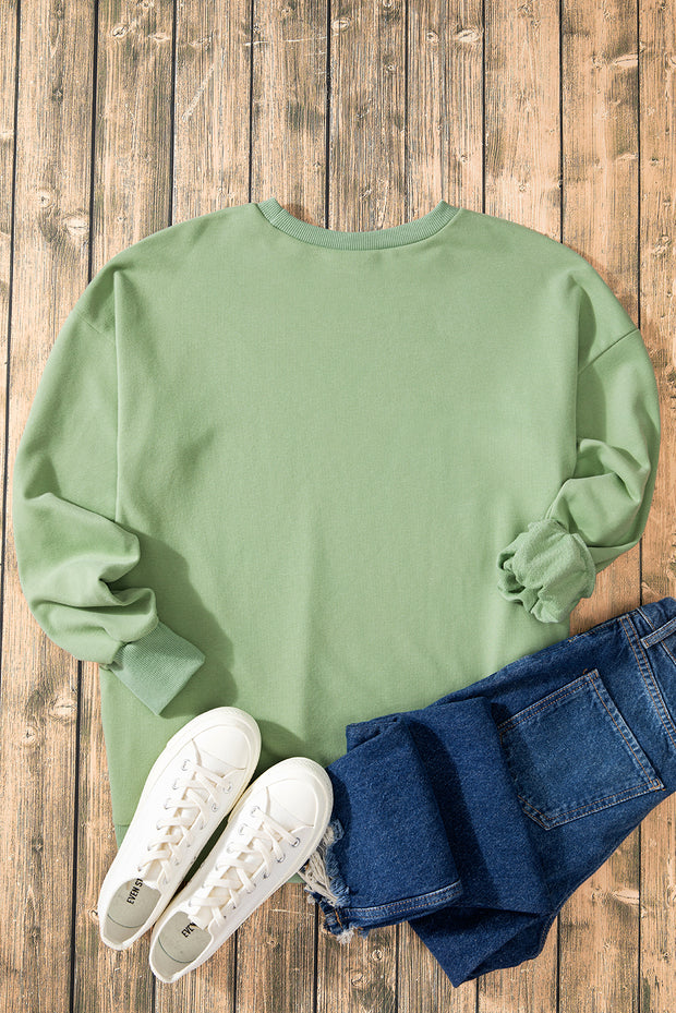 Smoke Green Solid O Neck High Low Hem Pullover Sweatshirt