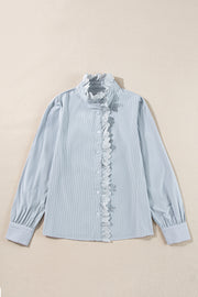 Sky Blue Stripe Frilled Trim Button Up Long Sleeve Shirt