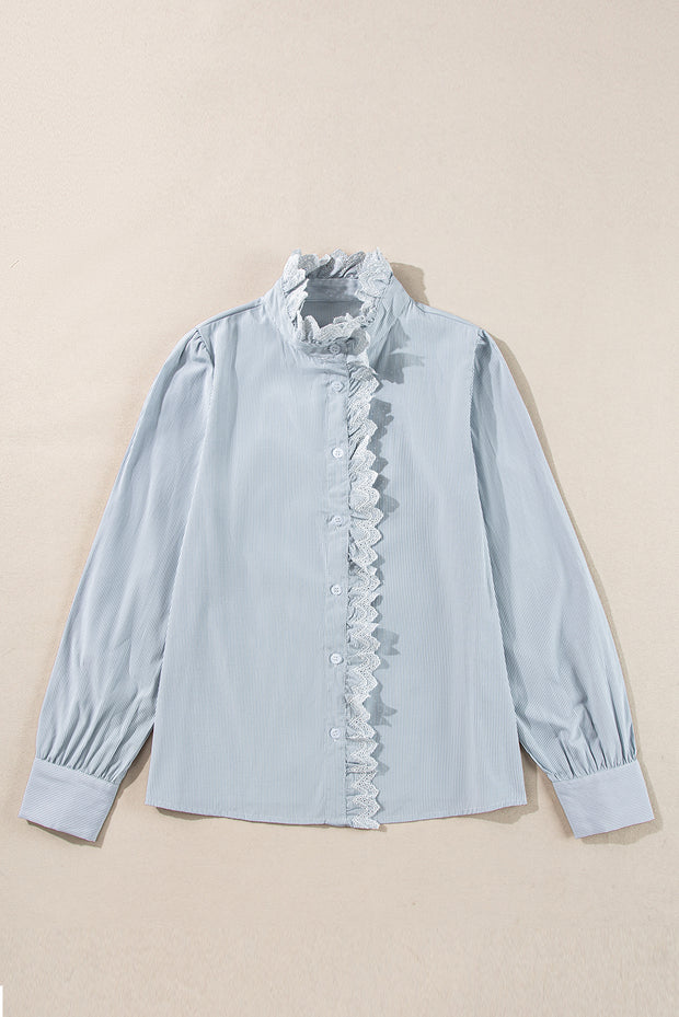 Sky Blue Stripe Frilled Trim Button Up Long Sleeve Shirt