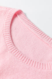 Pink Knitted Flower Pattern Ribbed Edge Sweater