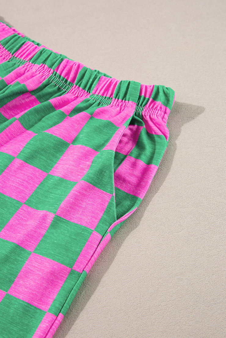 Green 2-Tone Checked Print High Waist Wide Leg Pants