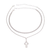 Silver Rhinestone Cross 2 Choker Set