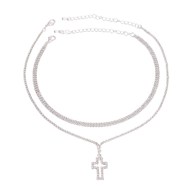 Silver Rhinestone Cross 2 Choker Set