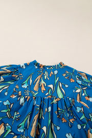 Blue Floral Notched V Neck Half Sleeve Plus Size Blouse