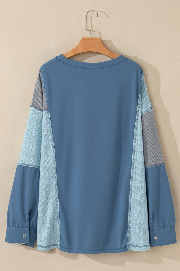 Dusk Blue Colorblock Stitching Patchwork Buttoned Long Sleeve Top