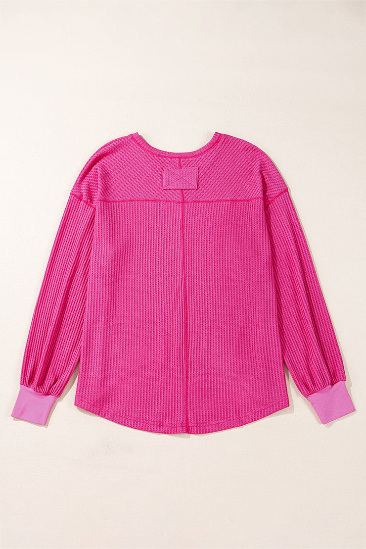 Bright Pink Waffle V Neck Long Sleeve Drop Shoulder Loose Blouse