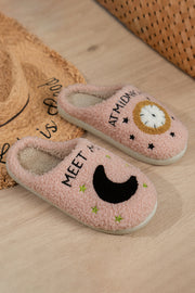 Light Pink Moon & Clock Pattern Fuzzy Home Slippers