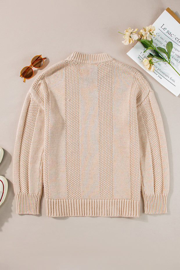 Pale Khaki Solid Color Cable Knit Ribbed Loose Sweater