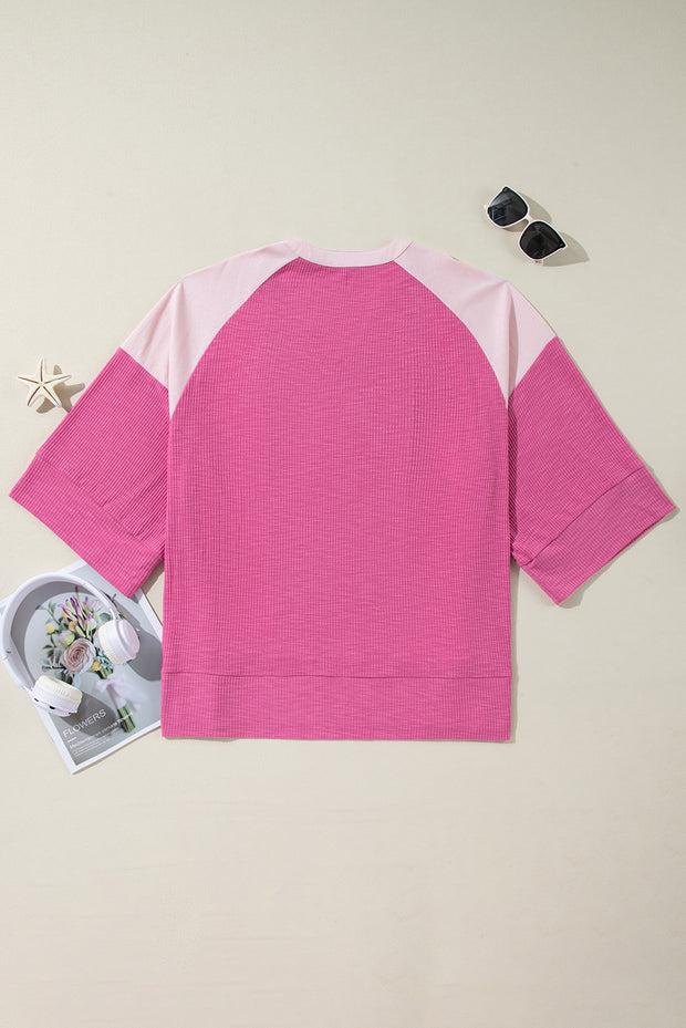 Bright Pink Textured Colorblock 3/4 Sleeve Oversize Top