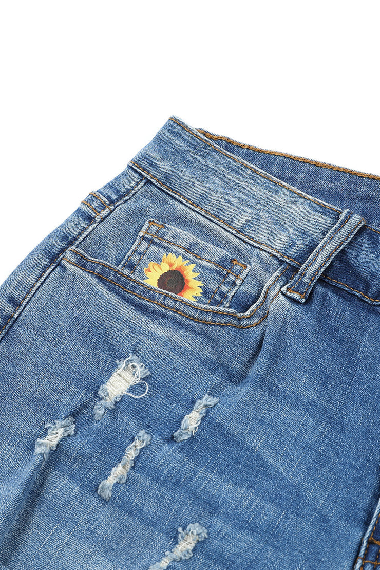 Blue Sunflower Print Ripped Mid Rise Straight Leg Graphic Jeans