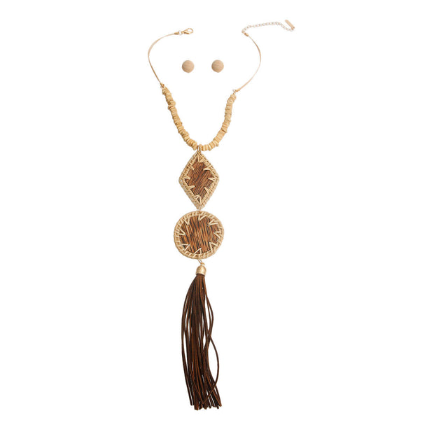 Brown Woven Wood Tassel Pendant Set