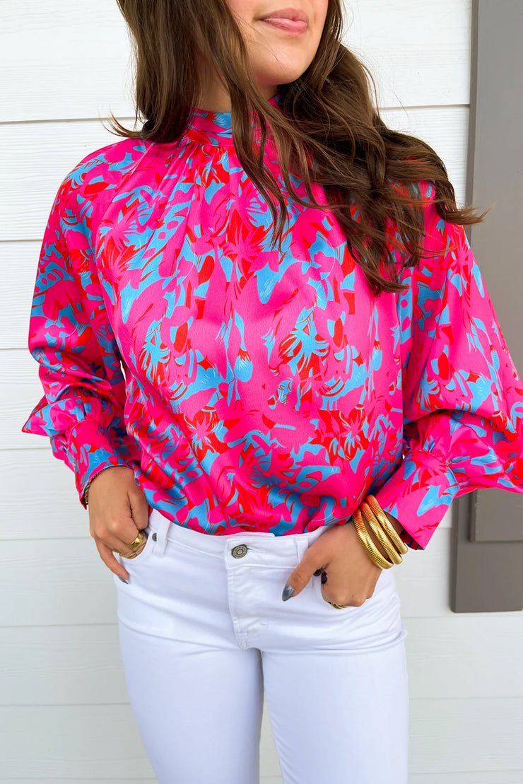 Purple Printed Bubble Sleeve Mock Neck Blouse