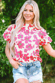 Beige Floral Puff Sleeve Frilled Neckline Blouse