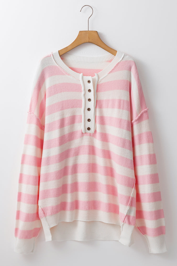 Pink Stripe Half Buttons Drop Shoulder Sweater