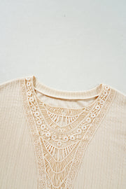 Beige Lace Crochet Patched Cable Textured Cuffed Short Sleeve Plus Size Top