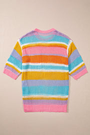 Pink Stripe Plus Size Open Knit Patch Pocket Short Sleeve Sweater