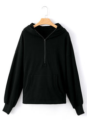 Black Solid Kangaroo Pocket Half Zipper Oversized Hoodie