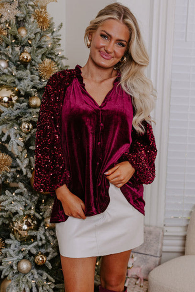 Red Dahlia Sequin Patchwork Sleeve Button Up Velvet Top