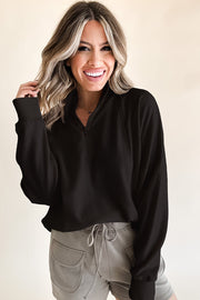 Black Zipped Neck Pullover Drop Shoulder Sweatshirt