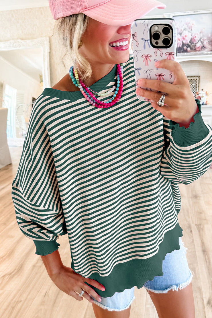 Green Stripe Loose Drop Shoulder Long Sleeve Top