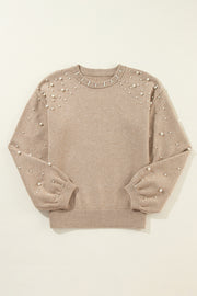 Smoke Gray Pearled Drop Shoulder Round Neck Sweater