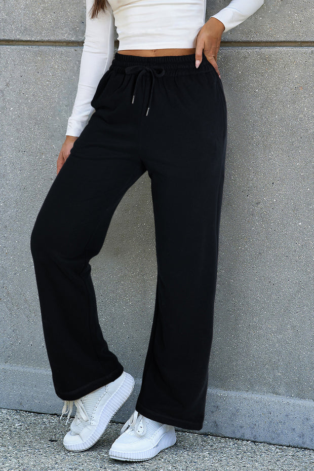 Black Solid Color Fleece Lined Drawstring Waist Casual Pants