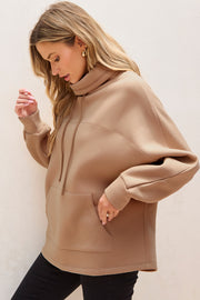 Light French Beige Drawstring Turtleneck Dolman Sleeve Sweatshirt