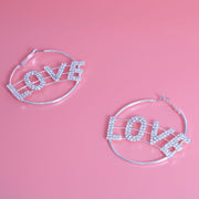 Rhinestone LOVE Silver Hoops