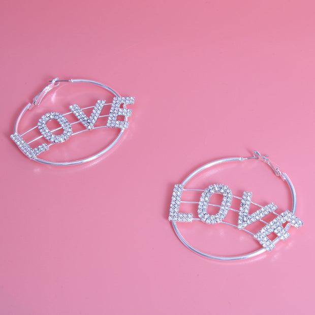 Rhinestone LOVE Silver Hoops