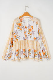 White Plus Size Floral Print V Neck Puff Sleeve Blouse