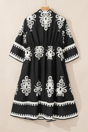 Black Western Geometric Print 3/4 Sleeve Loose Midi Dress