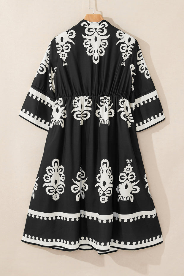 Black Western Geometric Print 3/4 Sleeve Loose Midi Dress