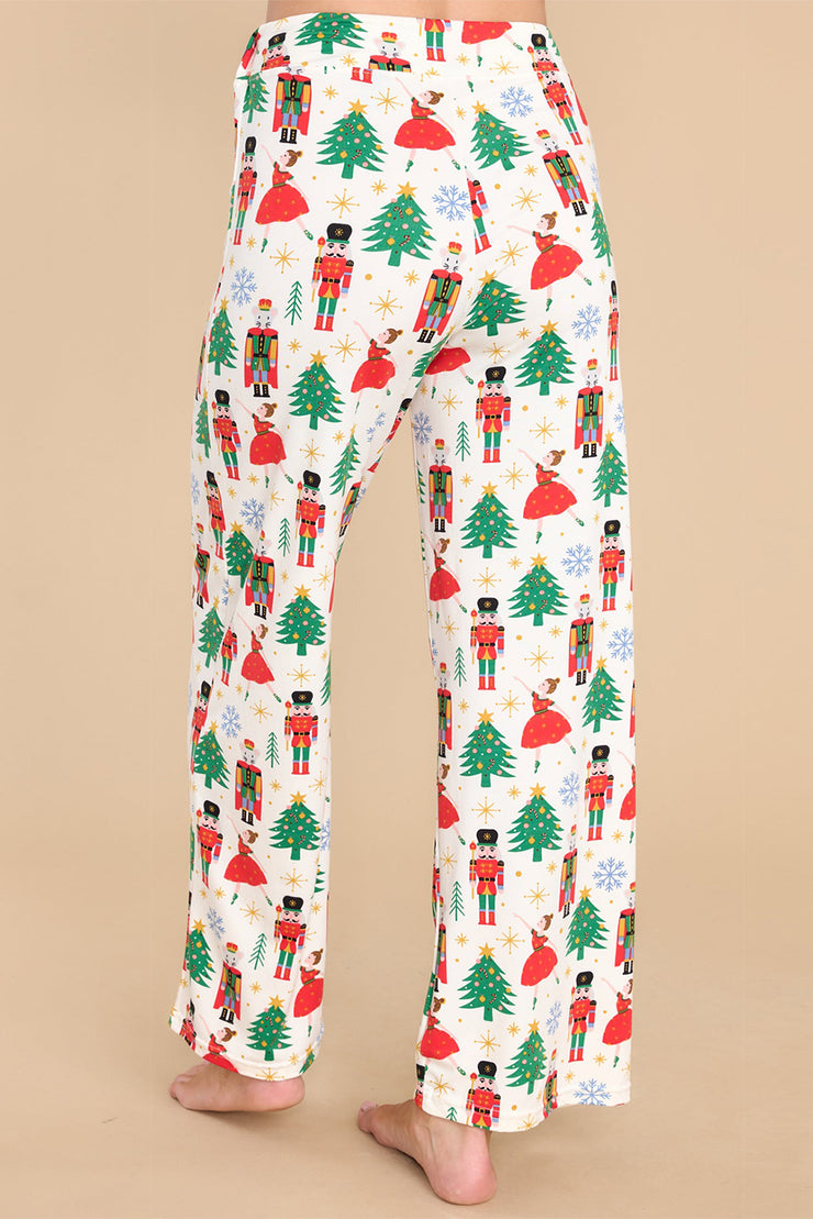 White Printed Christmas Pattern Buttoned Two Piece Sleepwear