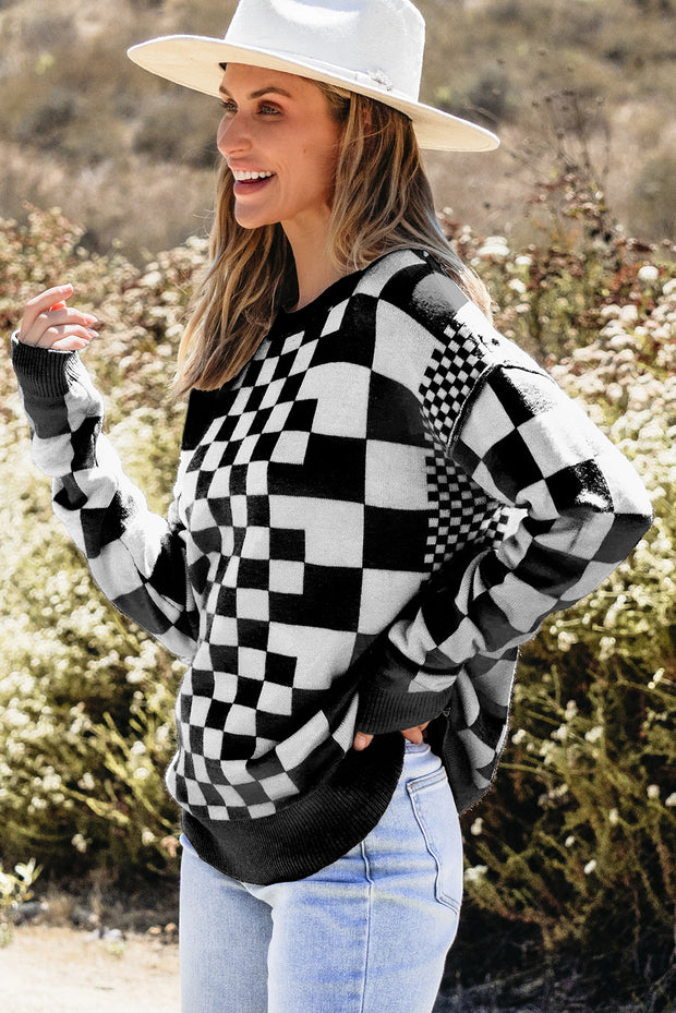 Black Checkered Print Drop Shoulder Round Neck Sweater