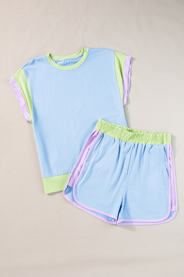 Blue Contrast Trim Cap Sleeve Tee Shorts Set