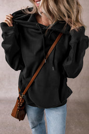 Black Fleece Lined Kangaroo Pocket Drawstring Chunky Hoodie